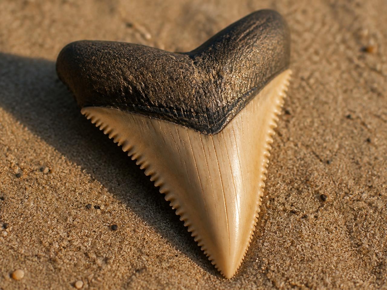 Close-up of a fossilized great white shark tooth lying on beach sand